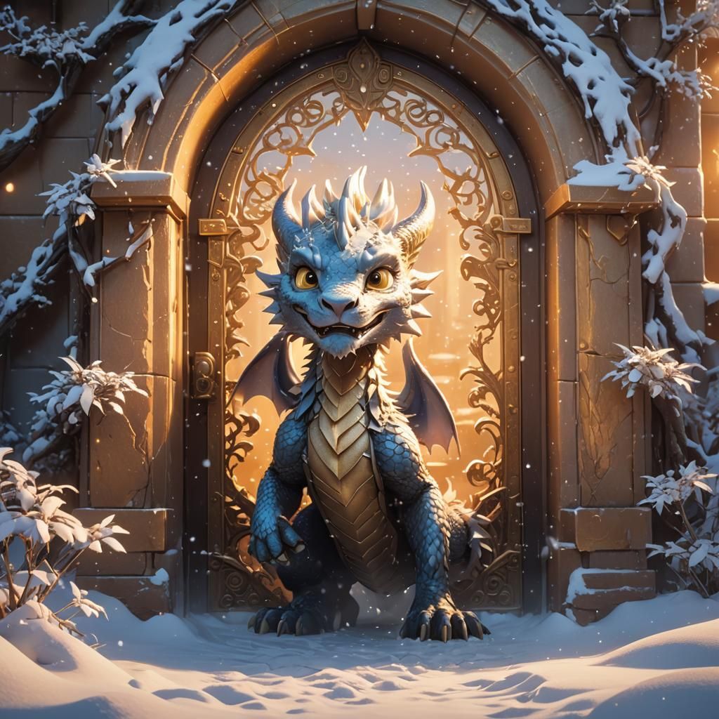 Baby Dragon Enters Snowy Mystical Doorway