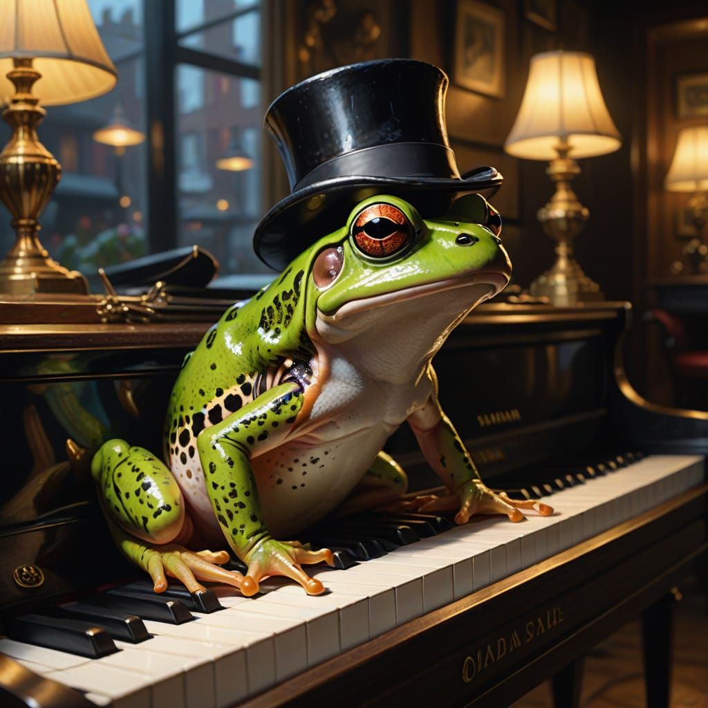 Bioluminescent Frog Jazz Pianist: Oil Painting in Golden Hou...
