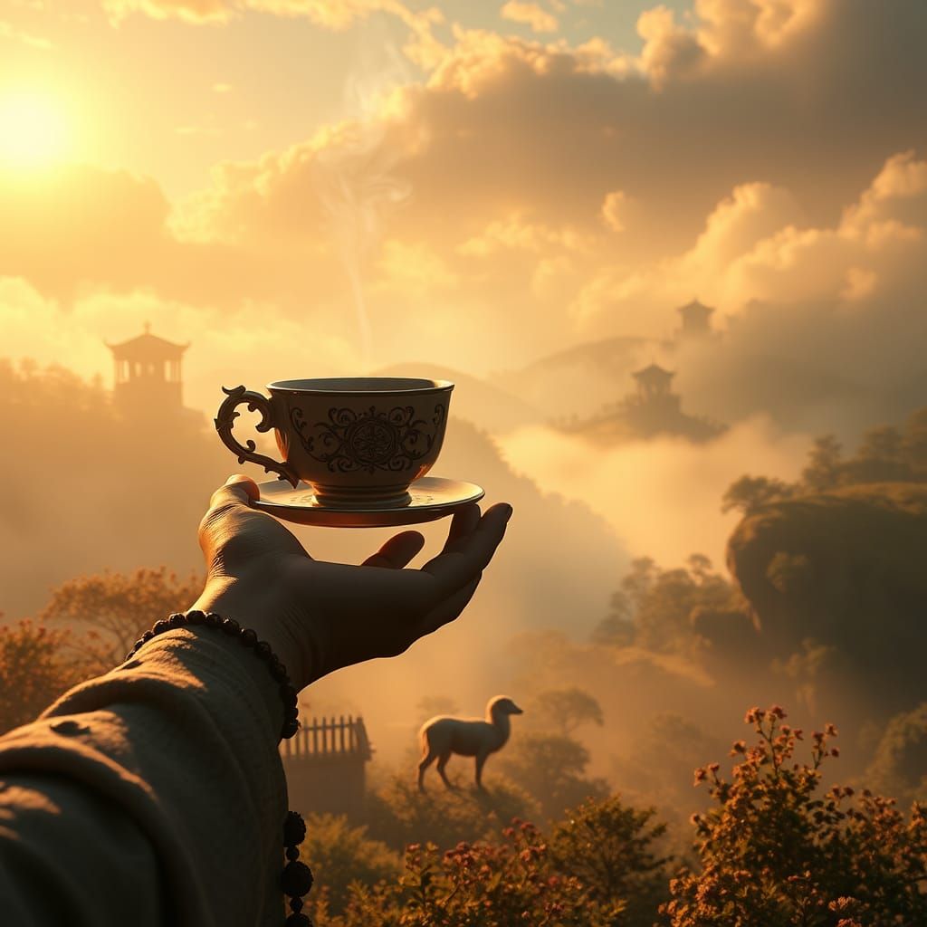 Fantasy Coffee Drinker in Dreamlike Landscape