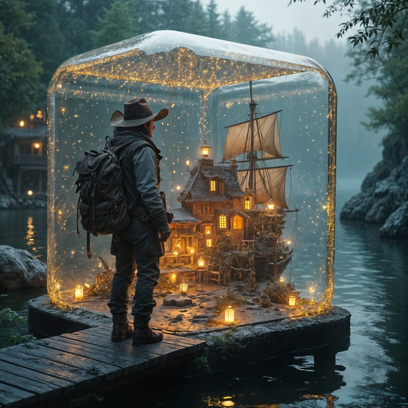 Fantasy Diorama in Glass Cube with Explorer