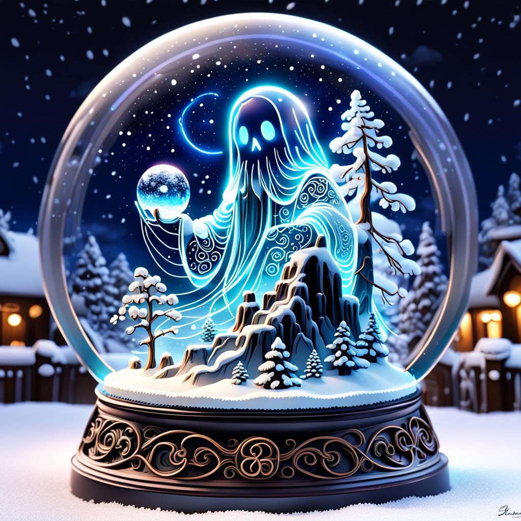 Luminous Neon Line Art in Snow Globe