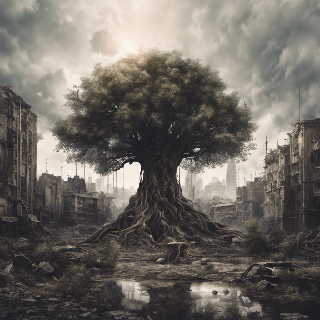 Post-Apocalyptic City with Giant Tree