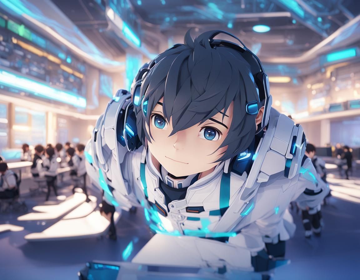 Handsome Boy in Futuristic Anime Classroom