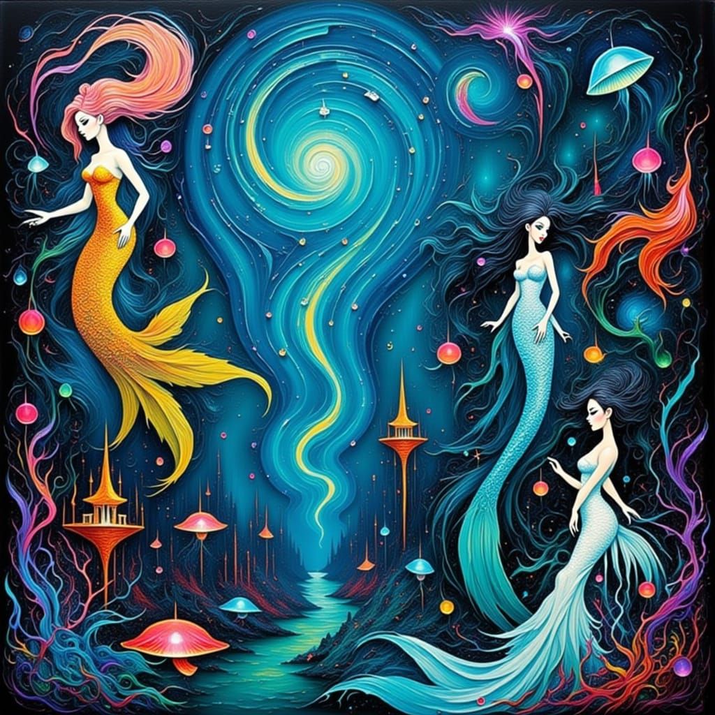 Surreal Underwater Metropolis with Mermaids and Mermen in Ar...