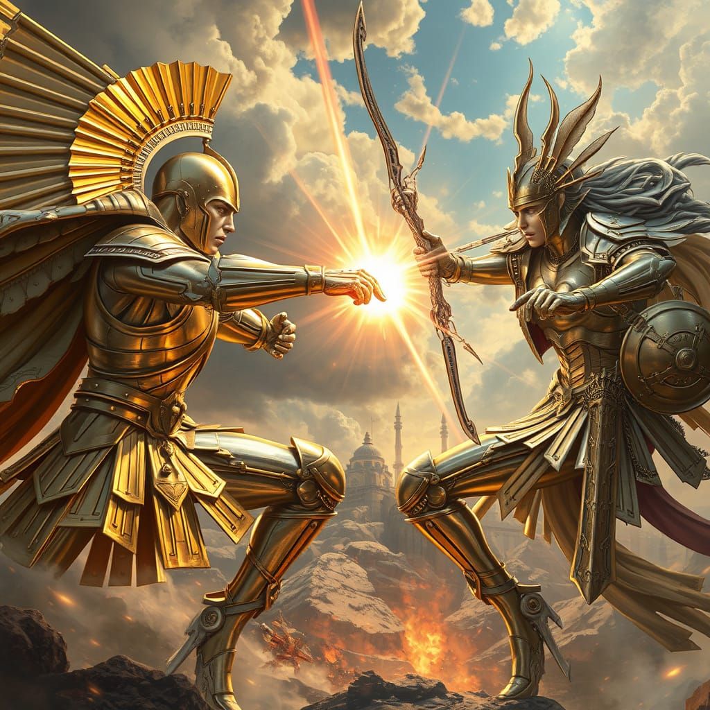 Golden Apollo and Silver Artemis Engage in Epic Sky Battle