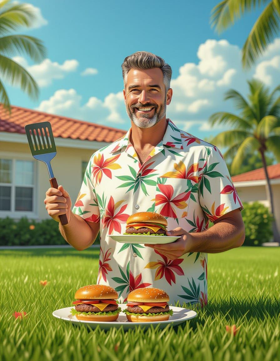Heroic Dad with Burgers in Photorealistic Style
