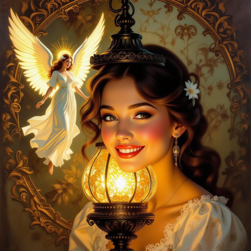 Woman Smiles Joyfully Inside Ethereal Lamp