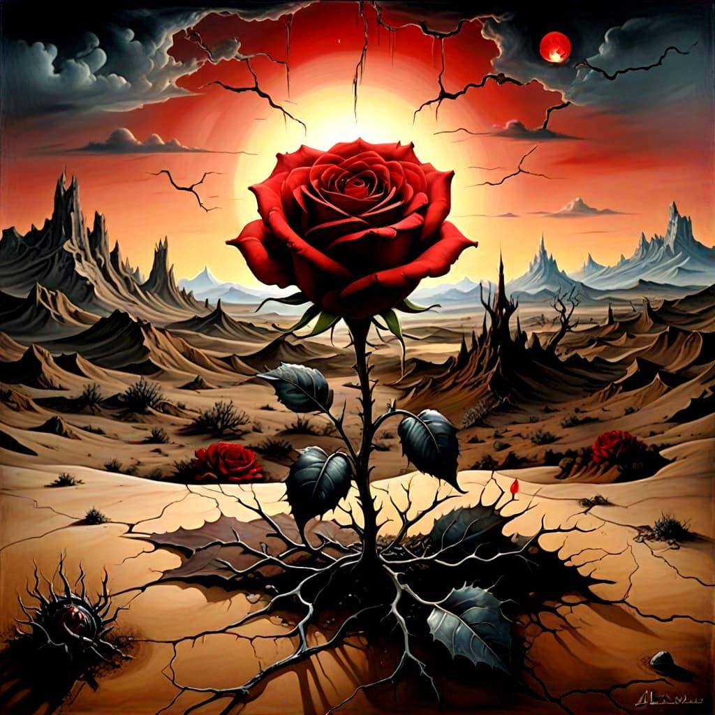 Surreal Broken Heart Amulet with Rose in Thorny Landscape