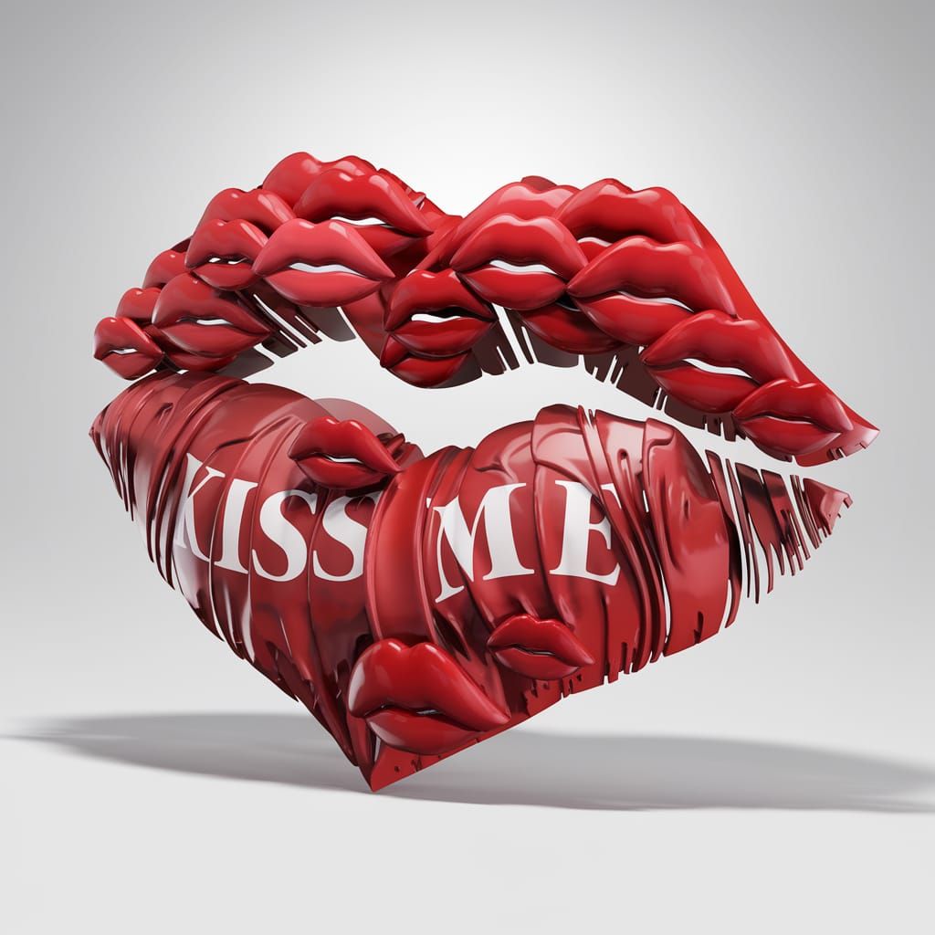 3D Render of a Red Lips Heart Saying Kiss Me