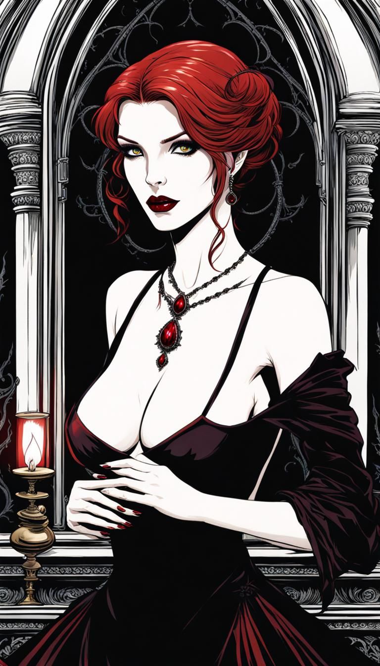 Beautiful Redhead Vampire in Gothic Dark Fantasy Art