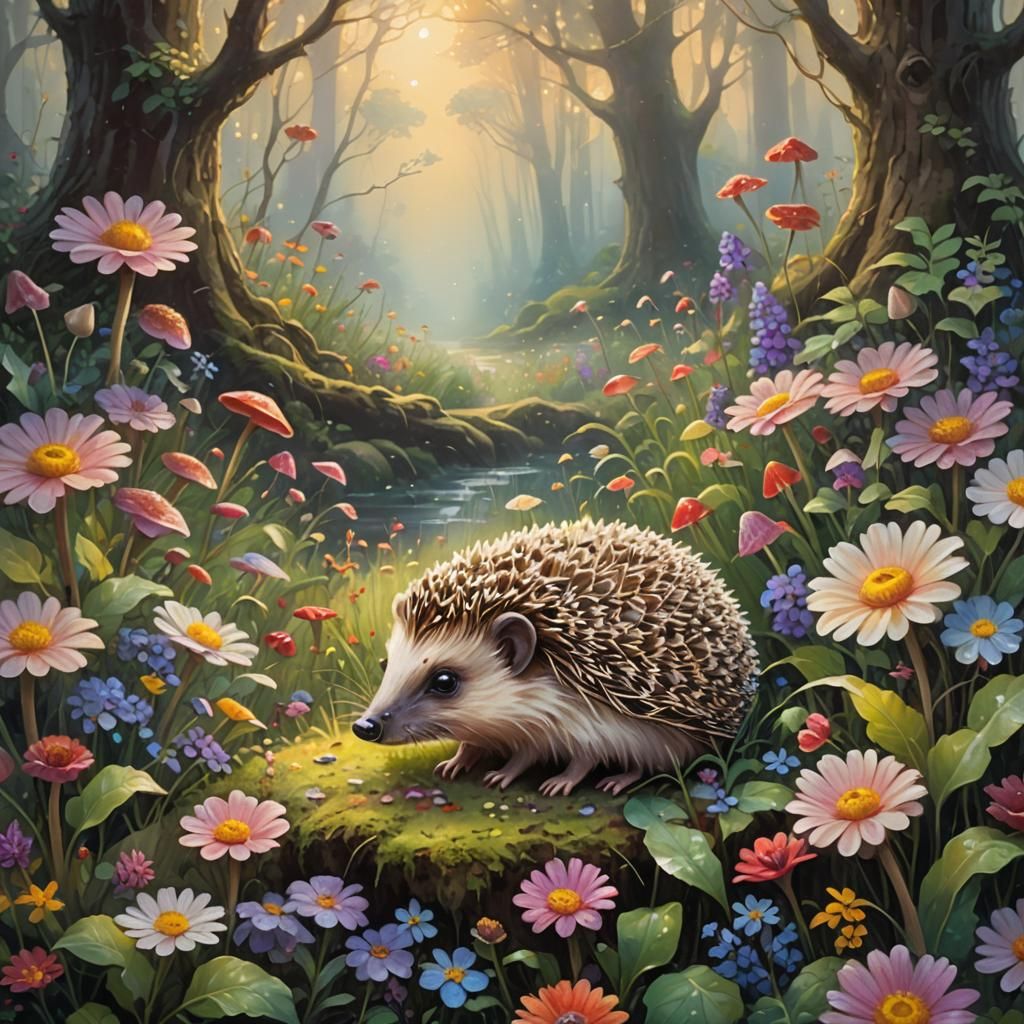 Hedgehog in Ethereal Forest: A Fantasy Painting