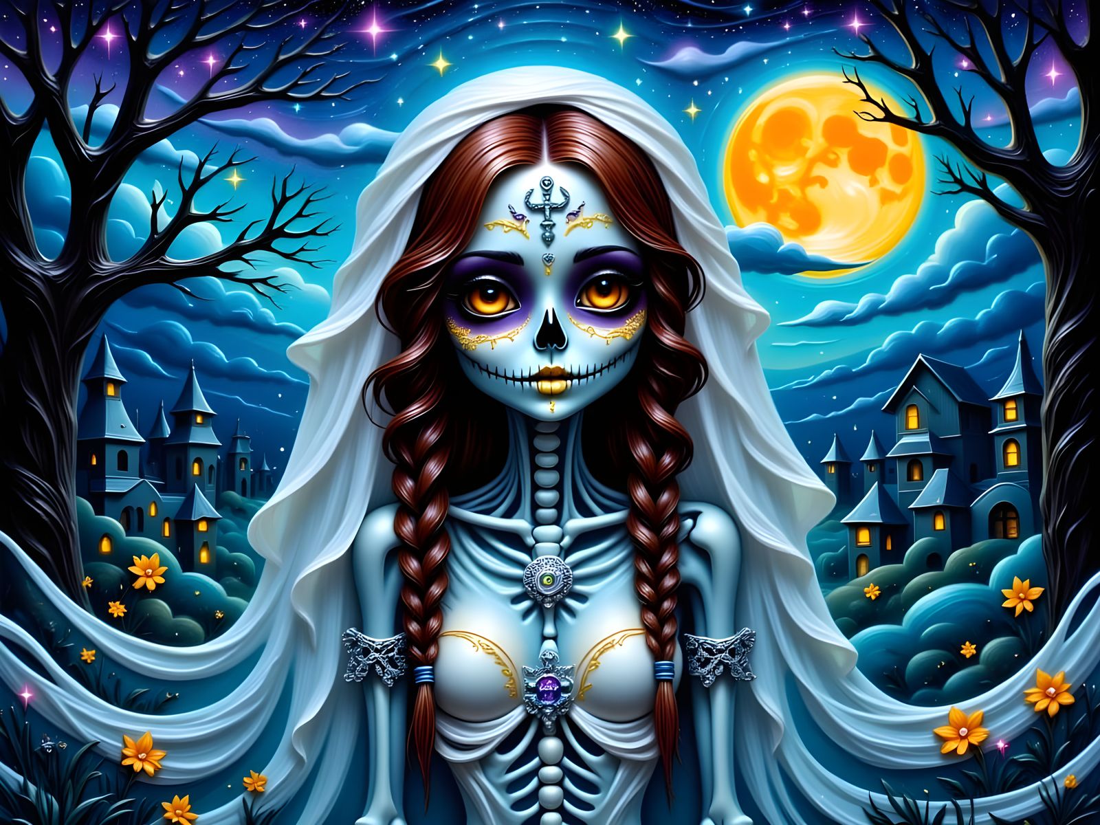 Ethereal Zombie Bride in a Moonlit Graveyard