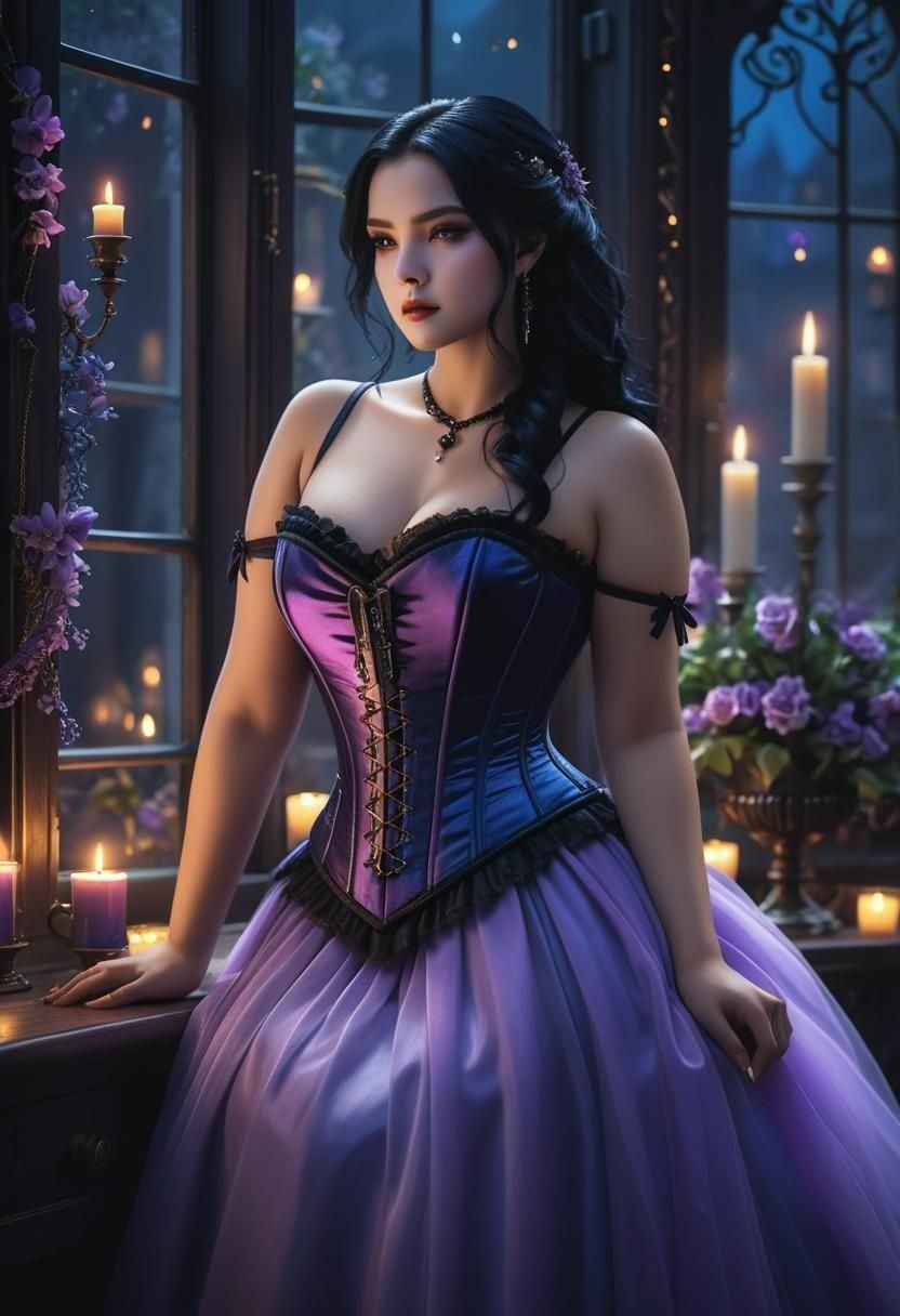 Gothic Woman in Candlelit Dark Academia Scene