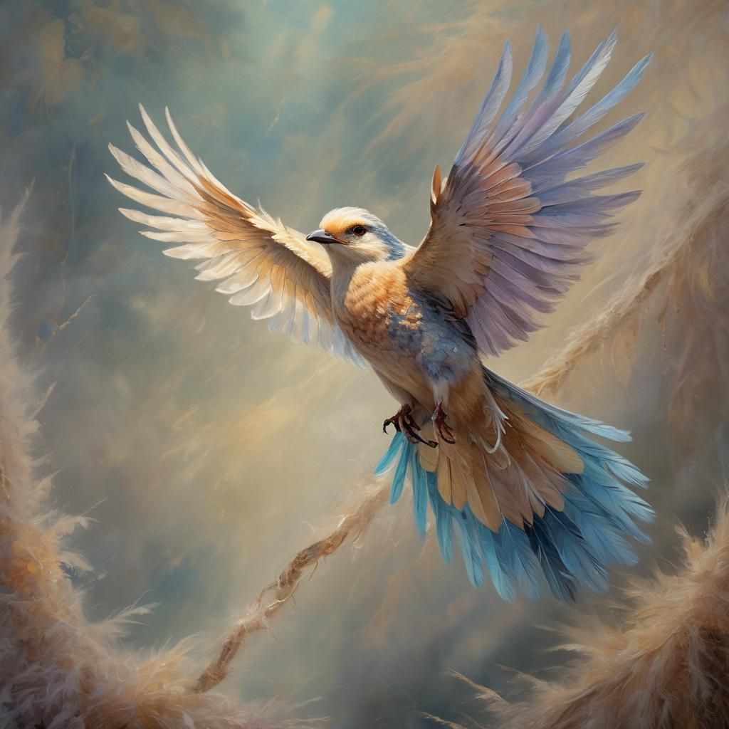 Vibrant Bird Soaring in Post-Impressionist Oil Painting