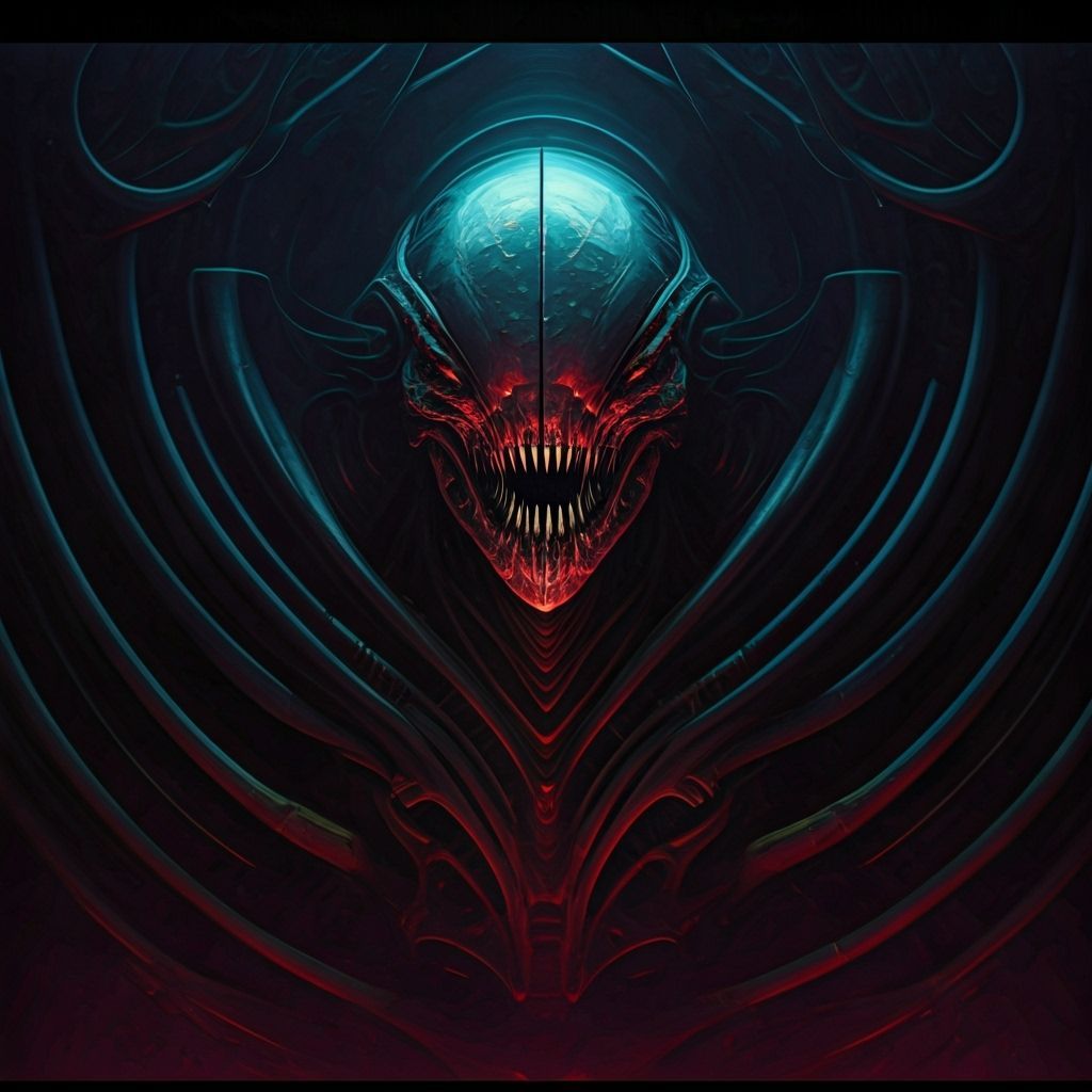 Ominous Creature in Surreal Landscape, Biomechanical Style