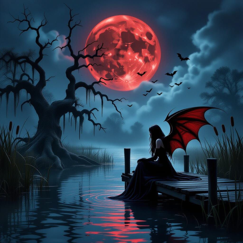 Gothic Vampire in Haunted Swamp at Moonrise
