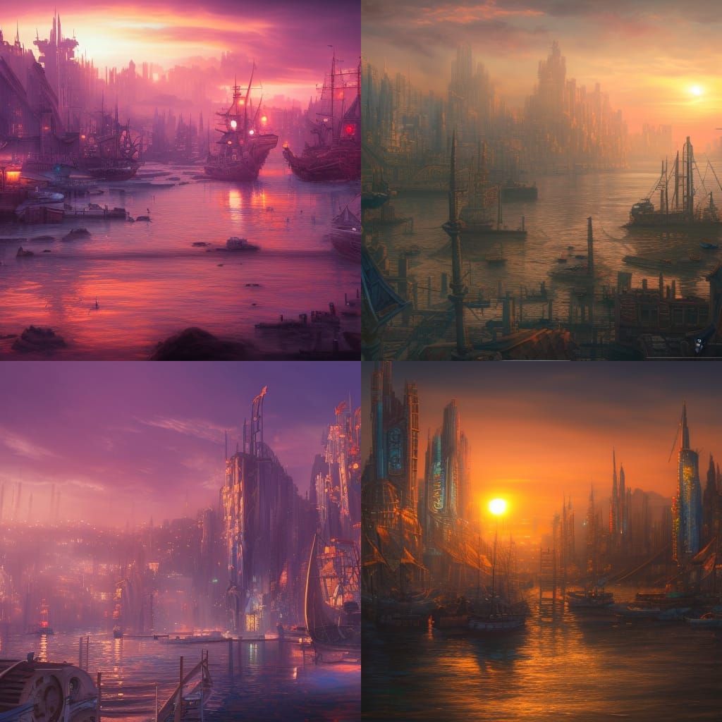 Fantastical City Harbor Sunset: Detailed Matte Painting