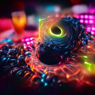 A holographic image of the event horizon of a black hole in the space time continuum, intense neon color, tessellated ga...