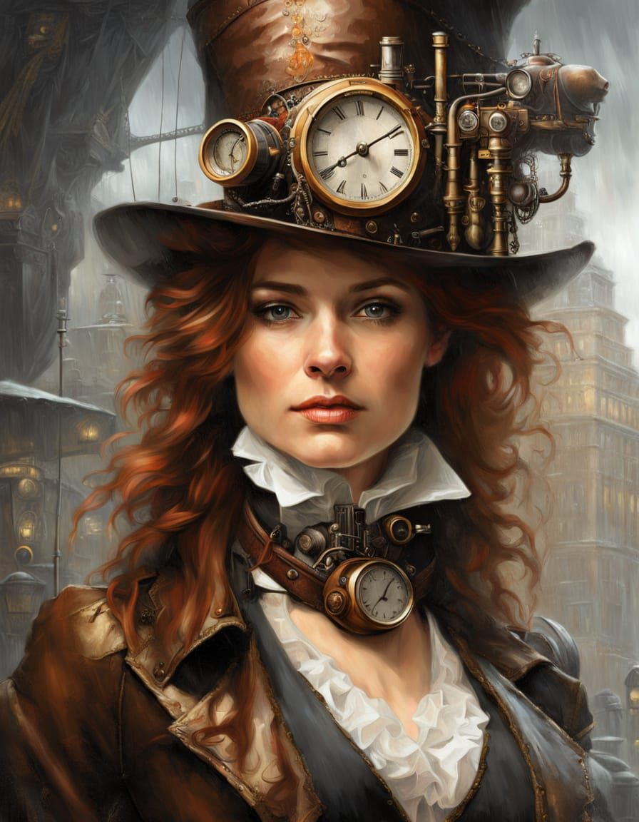 Steampunk Inventress in Victorian London Oil Painting