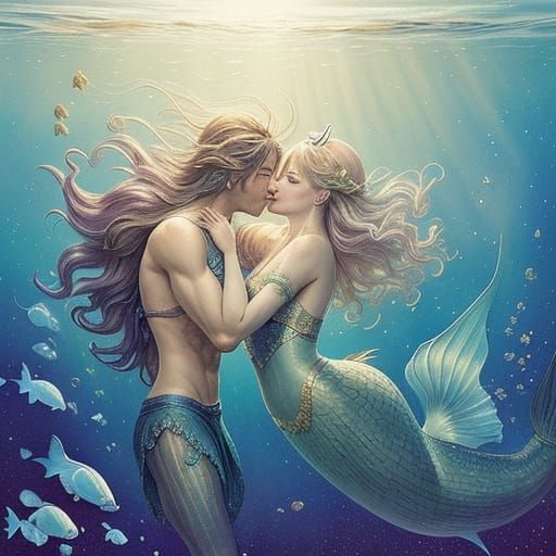 Ethereal Watercolour Scene of Gay Mermaids and Celestial Kis...