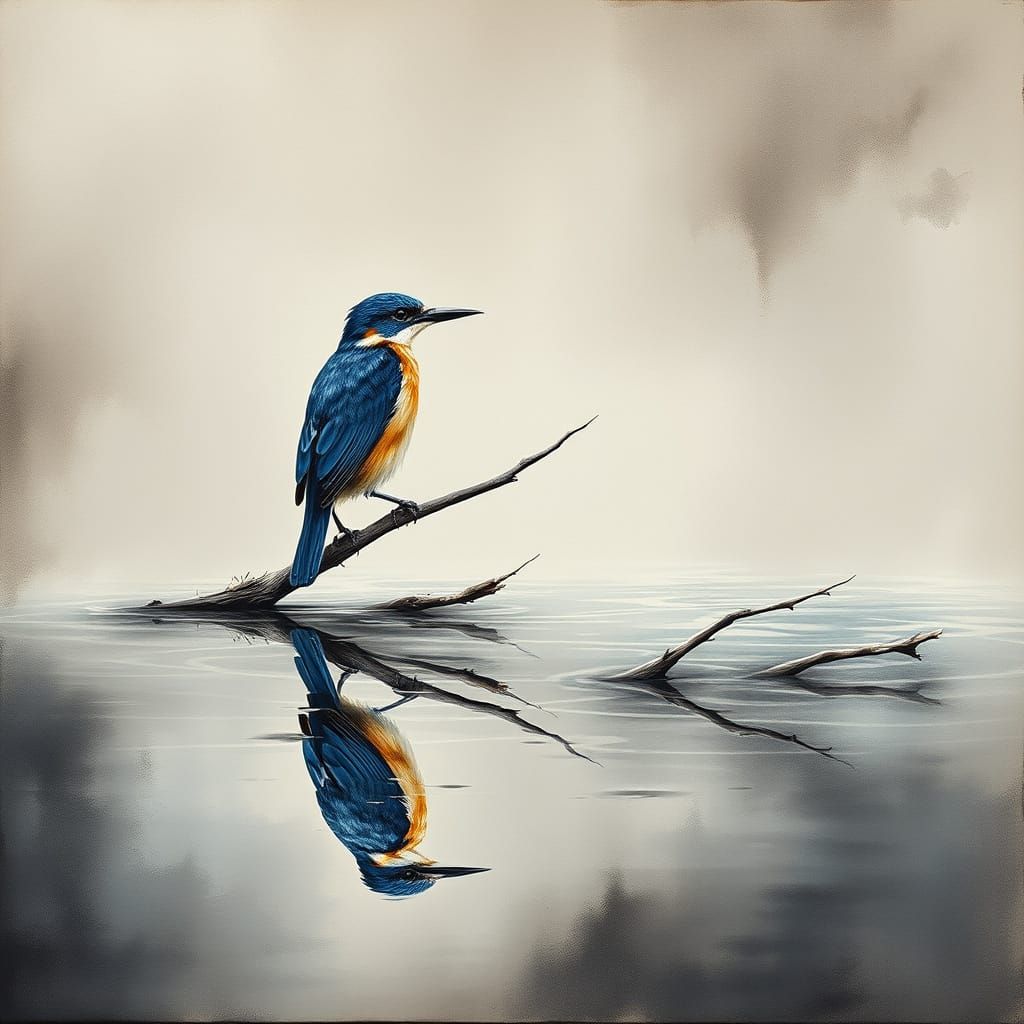 Blue Throat Bird in Atlantic Marshes, Gouache Watercolor