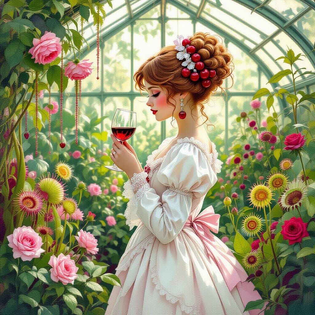 Victorian Girl with Cherry Hair in Art Nouveau Style