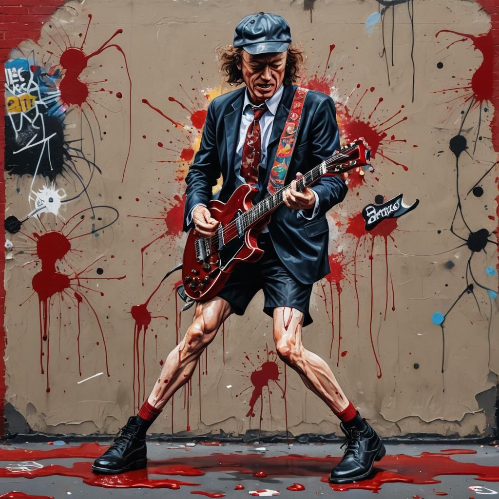 Angus Young Graffiti Art Duckwalk on Stage