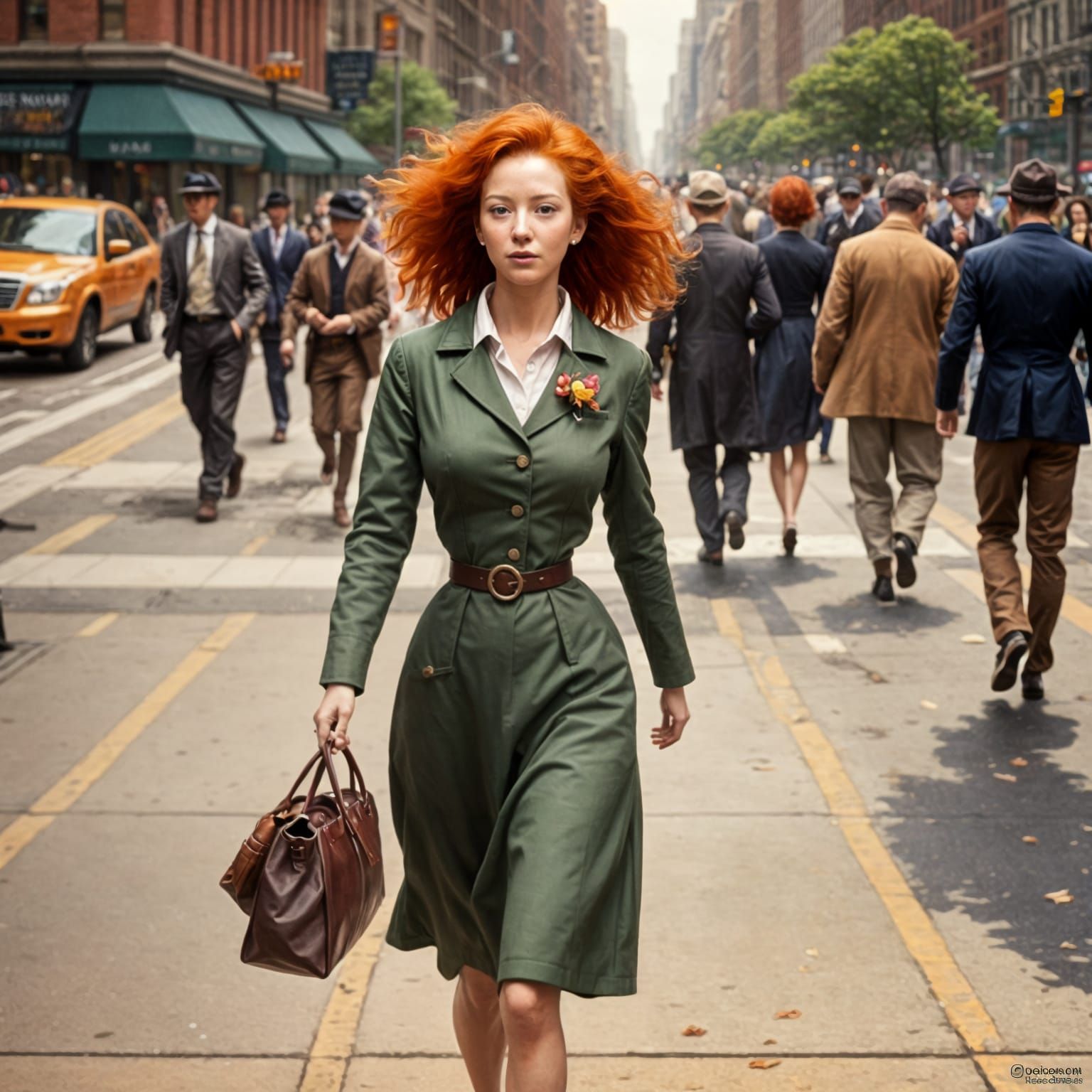 Redhead Strides Confidently on New York Sidewalk
