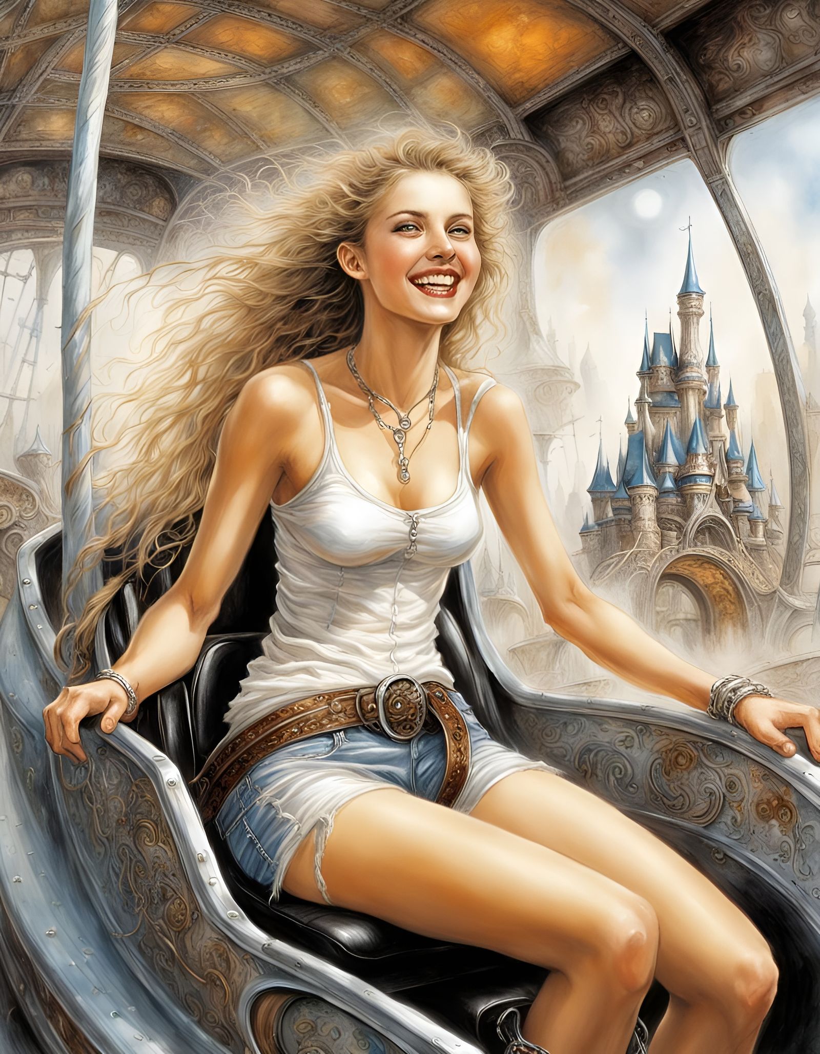 Joyful Woman on Theme Park Ride, Royo Style