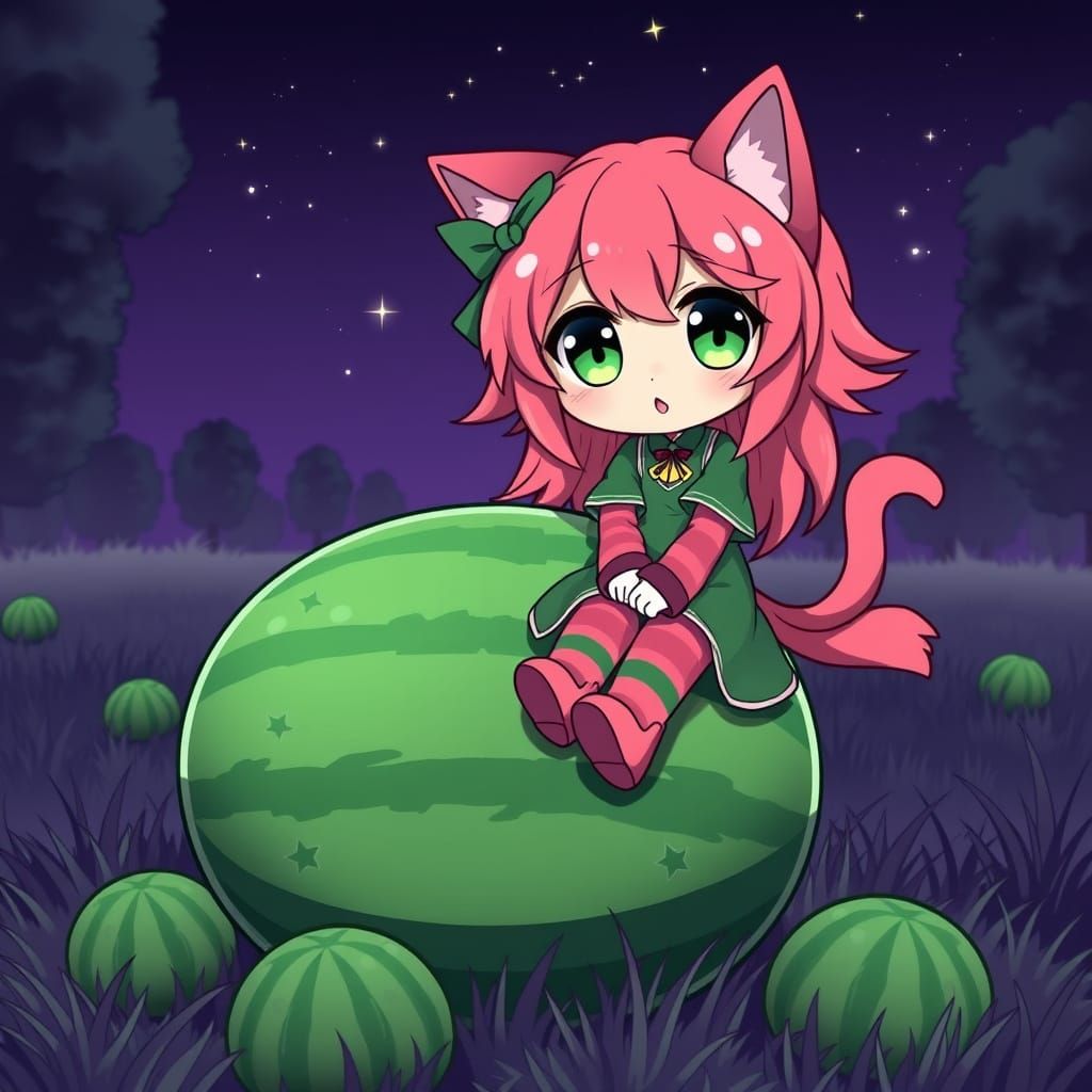 Whimsical Anime Catgirl Enjoys Watermelon in a Dreamy Nightt...