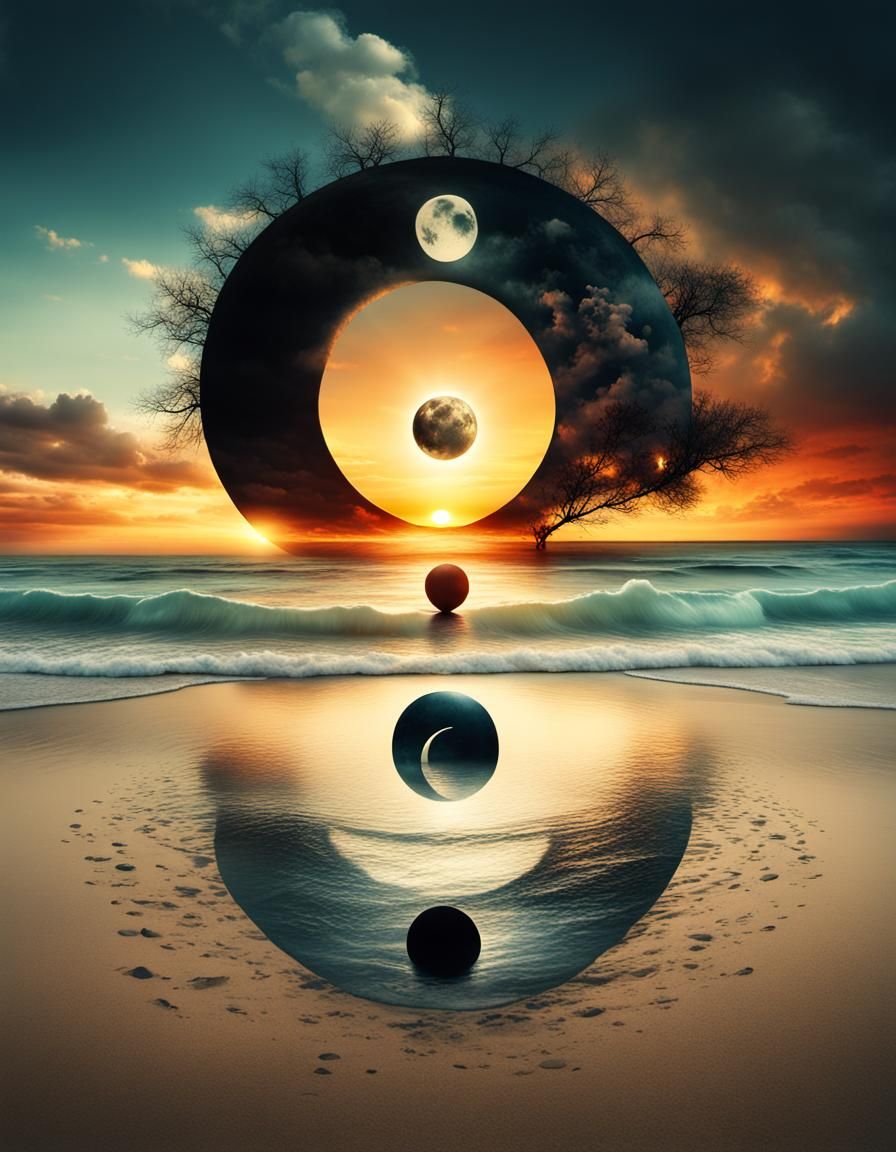 Surreal Yin Yang Sun Moon at Sunset