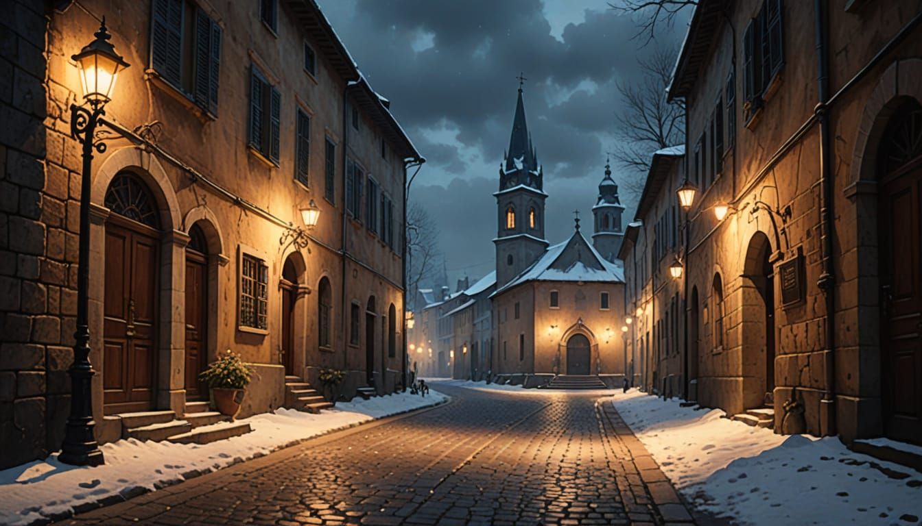 Whimsical Watercolor Italian Alley Winter Scene