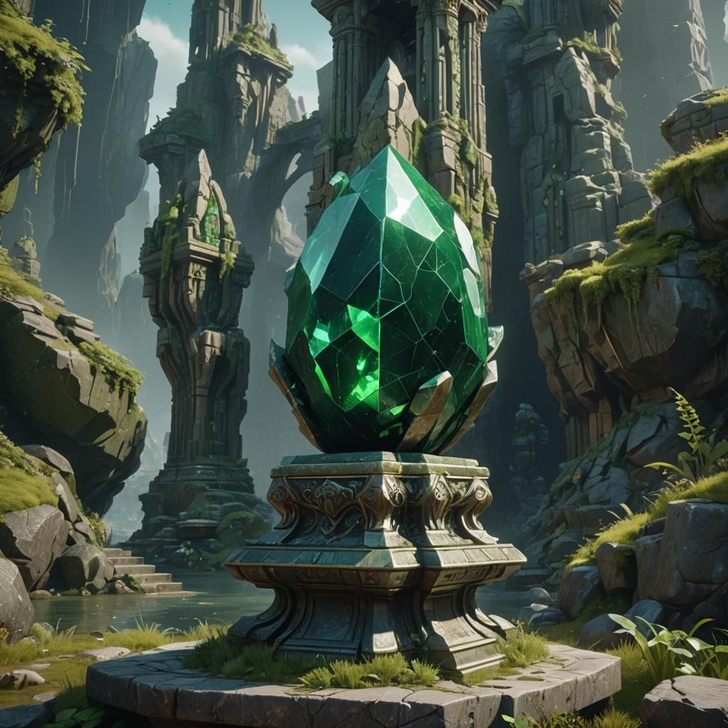 Multi-Faceted Green Stone on Pedestal: Fantasy Art