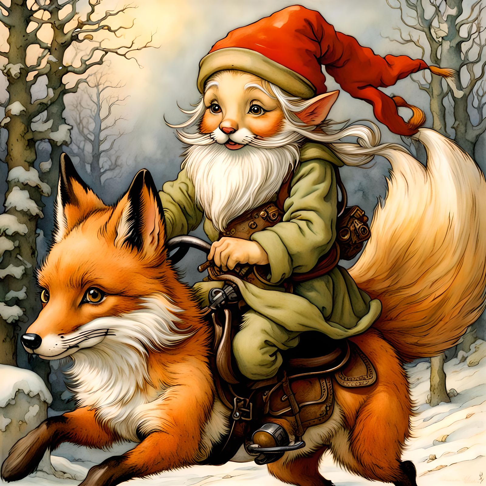 Gnome riding fox, by anton pieck