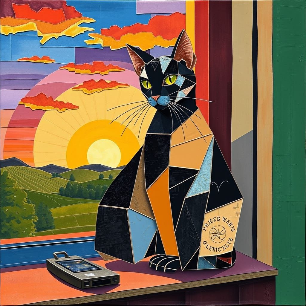Futuristic Feline Amidst Sunset Splendor