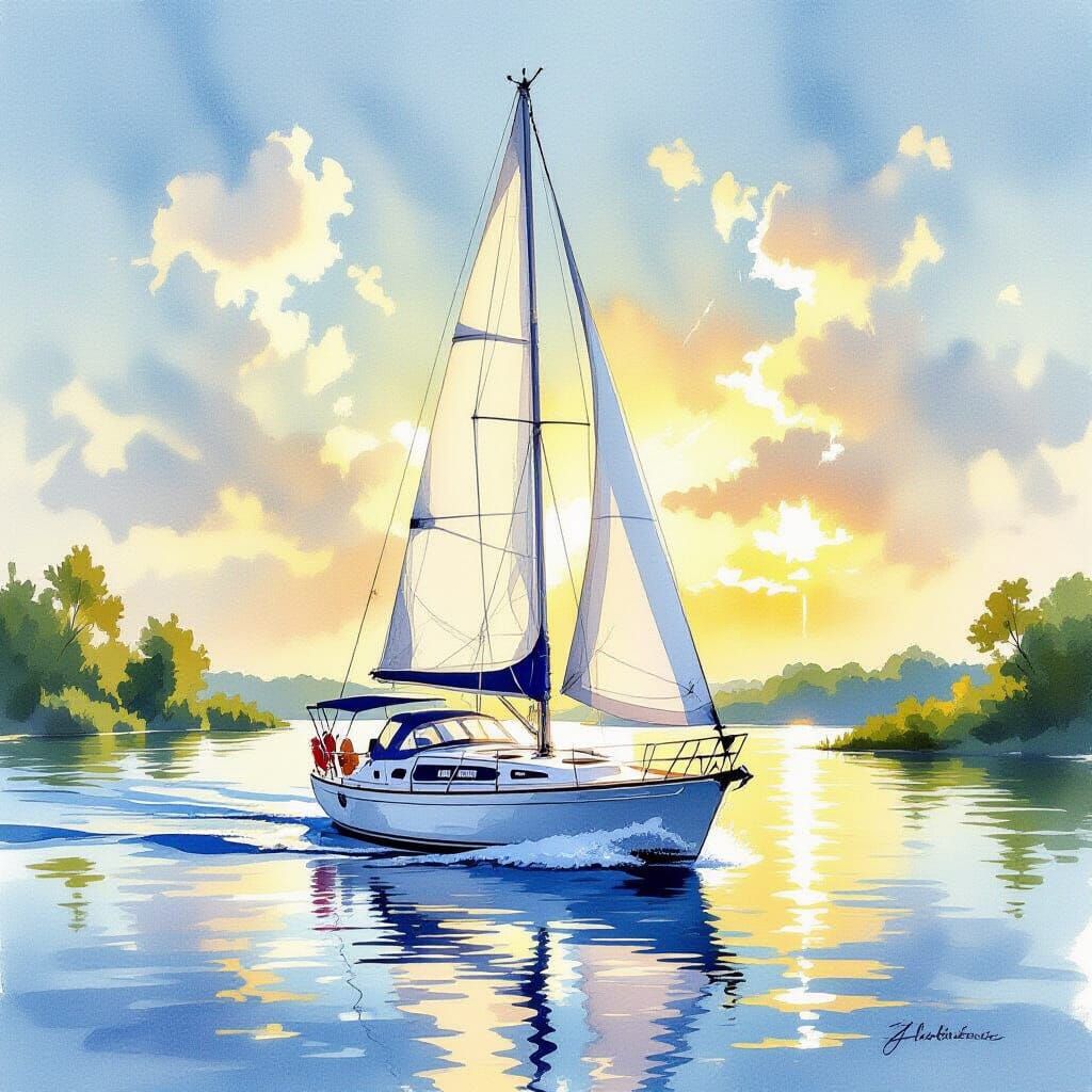 Serene Yacht Sailing in Watercolor Style