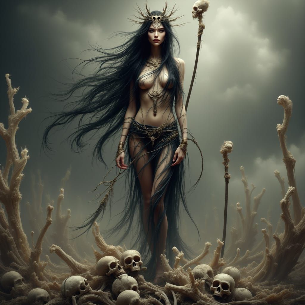 Dark Fantasy Girl with Bone Staff in Wasteland