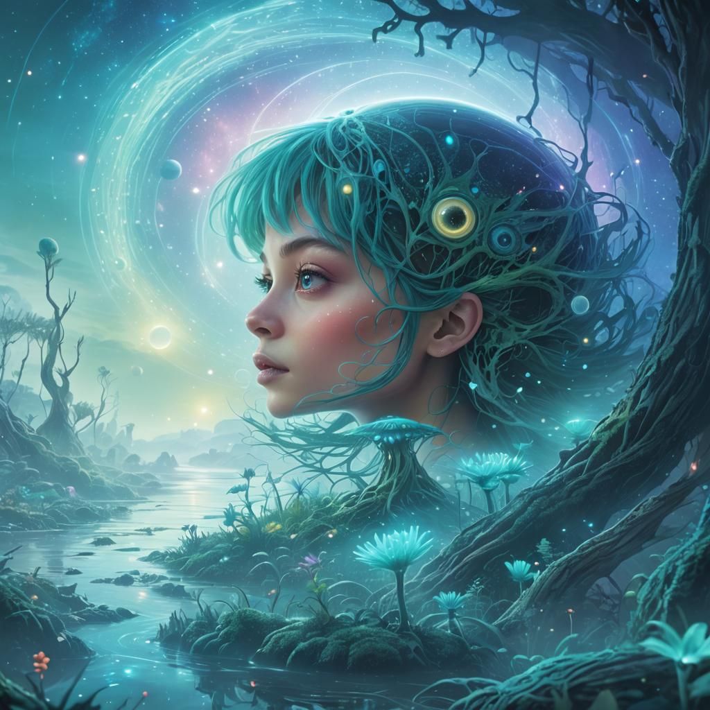 Turquoise Alien in a Bioluminescent Swamp