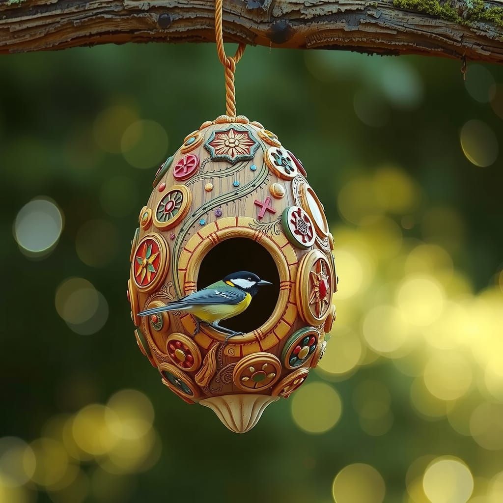 Ornate Birdhouse and Tit in Watercolor Style