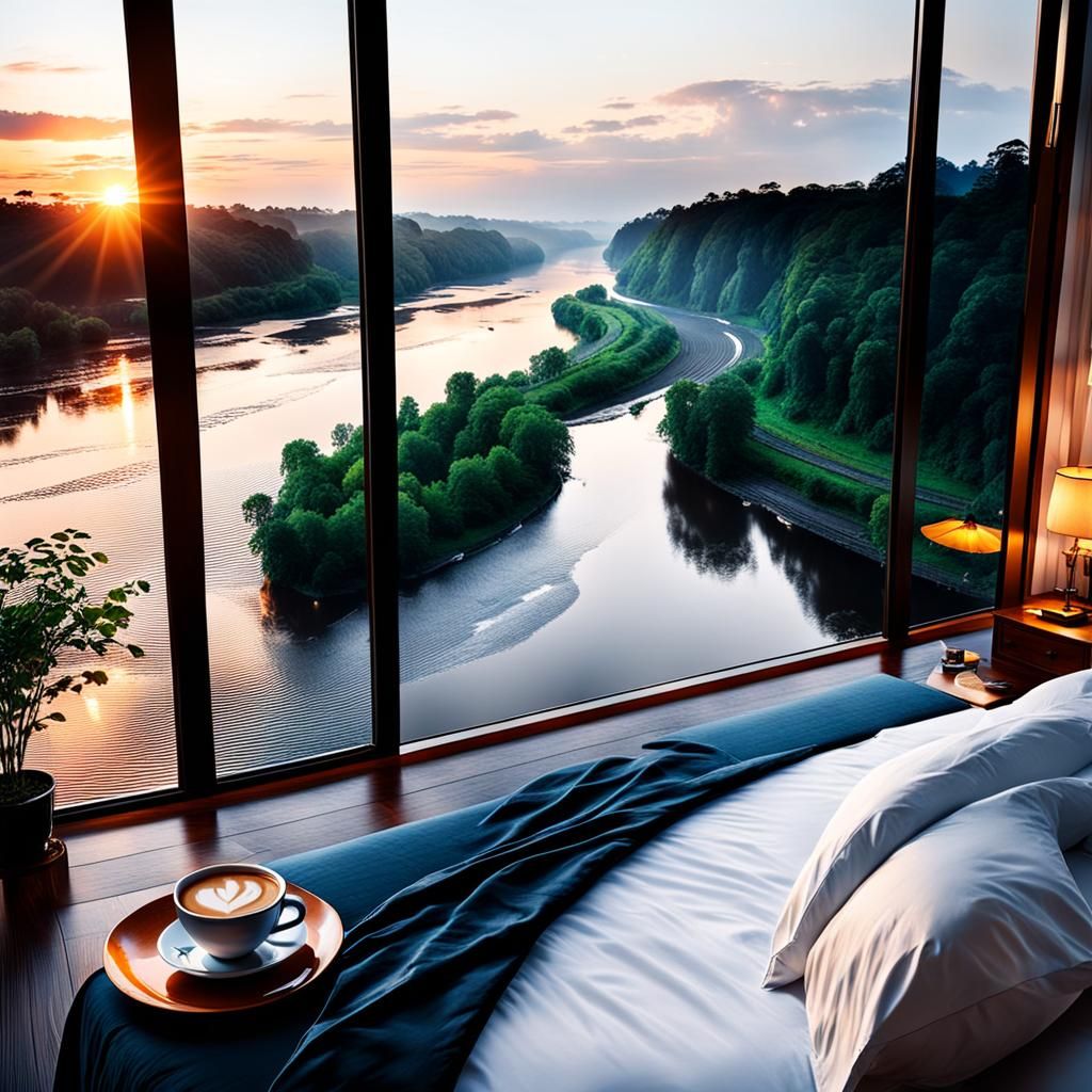 Luxury Bedroom with Sunset River View and Coffee