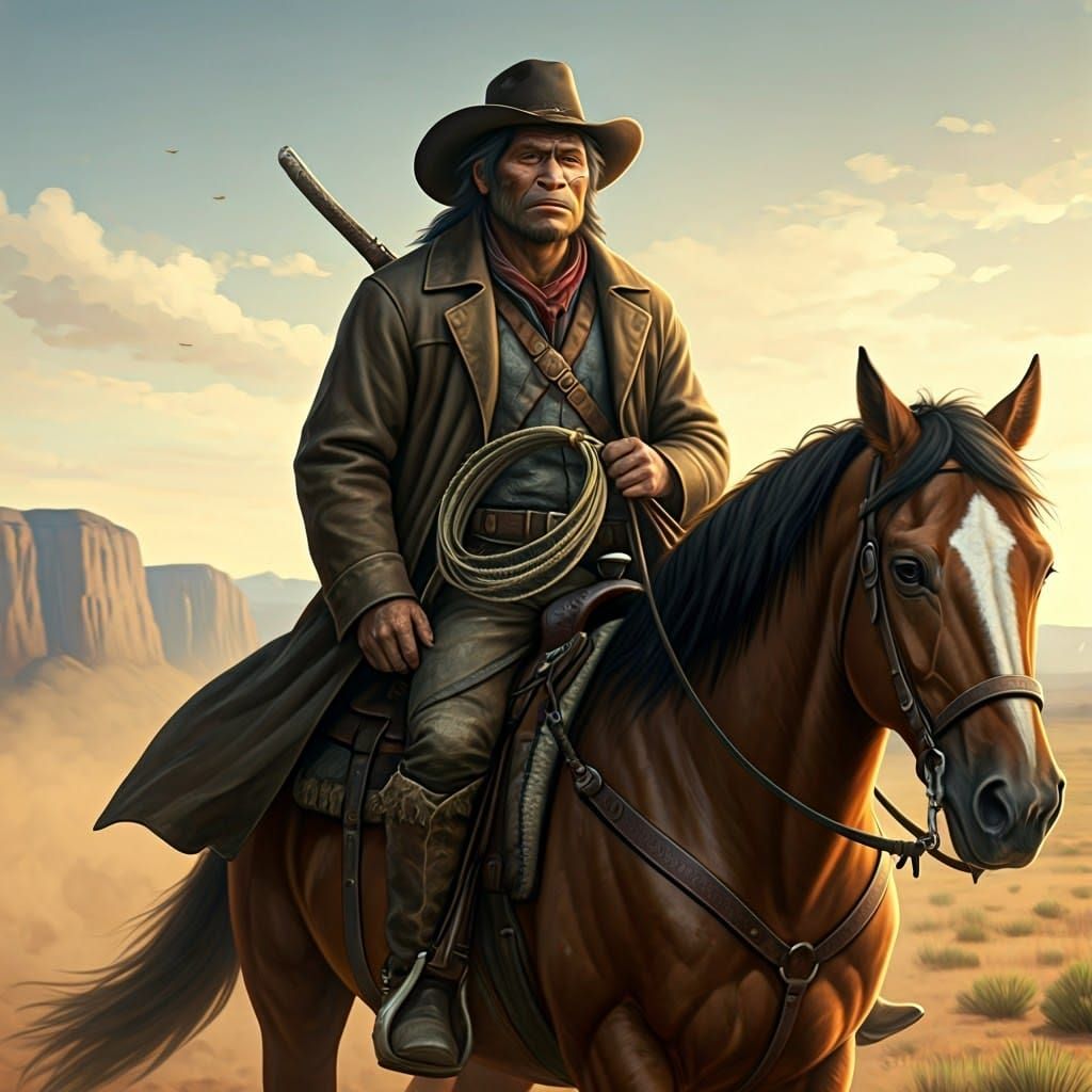 Neanderthal Cowboy Rides Majestic Horse Through Dusty Terrai...