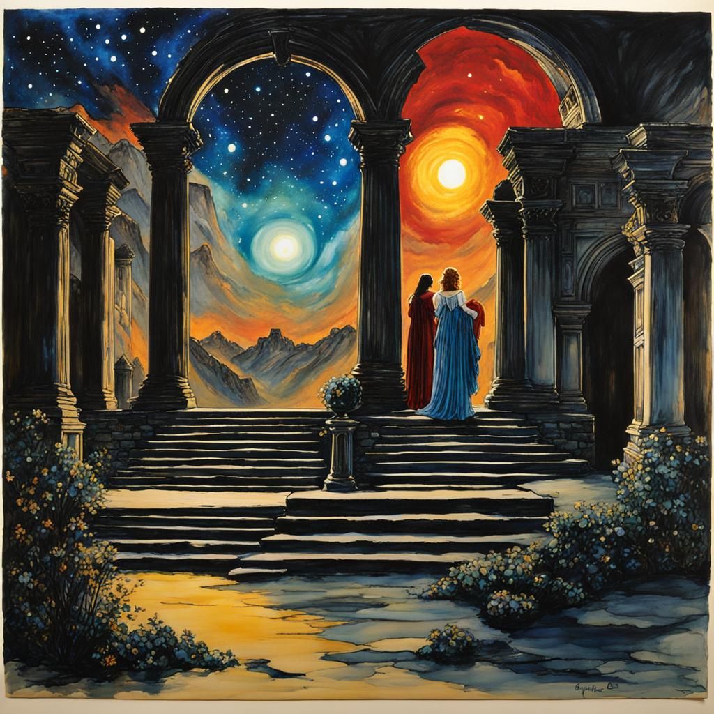 Starlight Demoness in Ancient Ruins: Ink Art