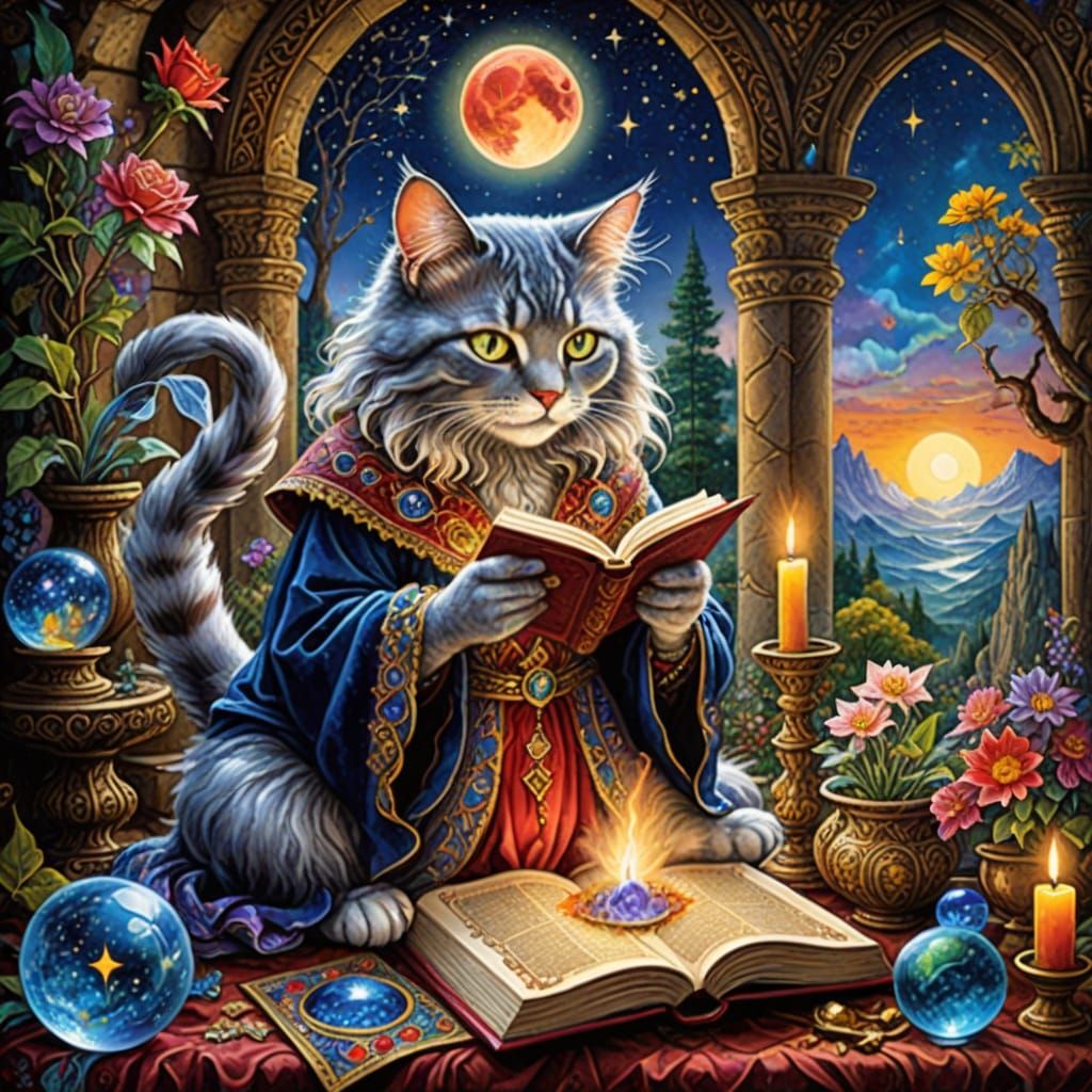 Enchanting Cat Wizard Reading Spell Book in Celestial Castle...