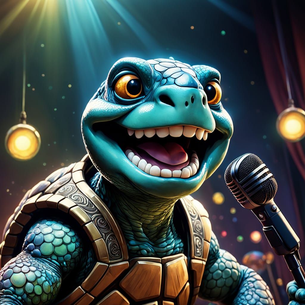 Singing Anthropomorphic Turtle in Cartoon Comedy Style