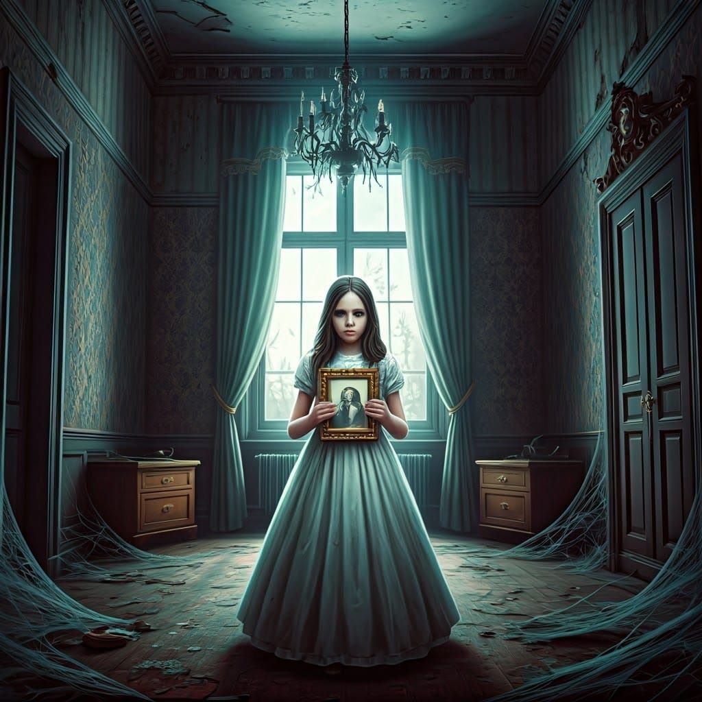 Girl in Abandoned House Holding Parents' Photo