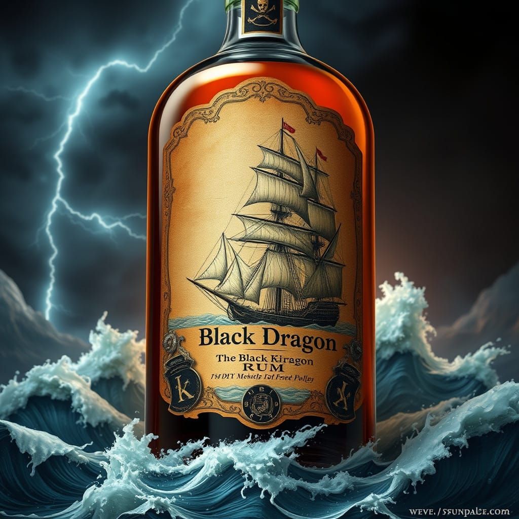 Vintage-Style Pirate Ship on Stormy Sea Adorns Ornate Rum Bo...