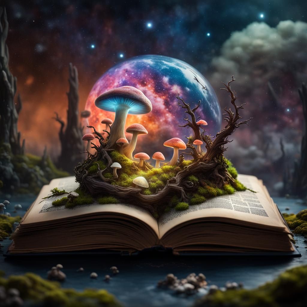 Mystical Planet Emerges from Book in Fantasy Landscape