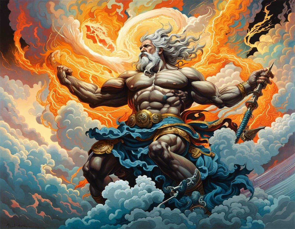 Furious Zeus Wielding Thunderbolt in Gouache Illustration