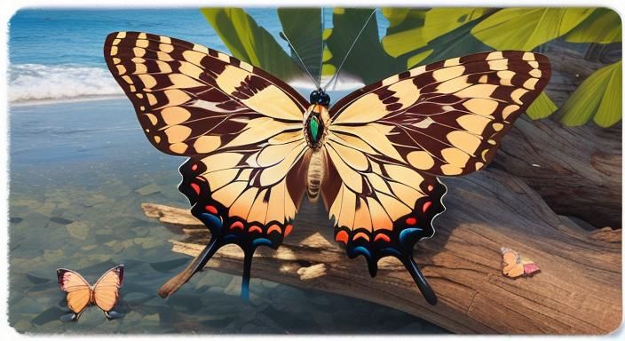 Mosaic Butterfly at Beach Sunrise in 8K HDR