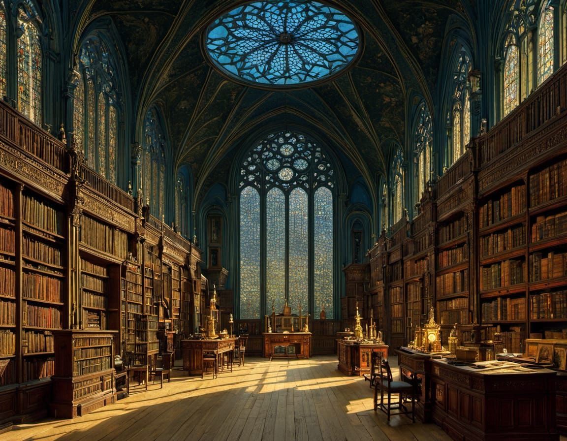 Ancient Monastery Library Illuminated by Gentle Evening Ligh...